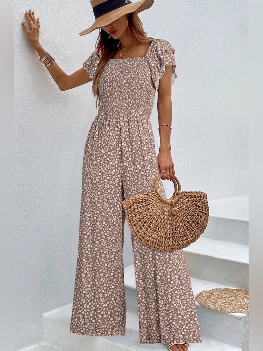 Floral Square-Neck Wide-Leg Jumpsuit - Taupe